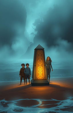 A fantastical scene depicting four friends, Max, Alex, Sophia, and Olivia, standing on a secluded sandy shore, surrounded by crashing waves