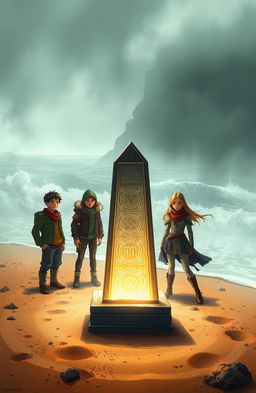 A fantastical scene depicting four friends, Max, Alex, Sophia, and Olivia, standing on a secluded sandy shore, surrounded by crashing waves