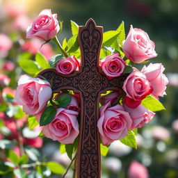 A stunning and intricate depiction of a rose cross, featuring delicate, blooming roses surrounding a detailed cross
