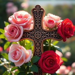 A stunning and intricate depiction of a rose cross, featuring delicate, blooming roses surrounding a detailed cross