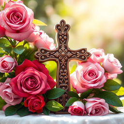 A stunning and intricate depiction of a rose cross, featuring delicate, blooming roses surrounding a detailed cross
