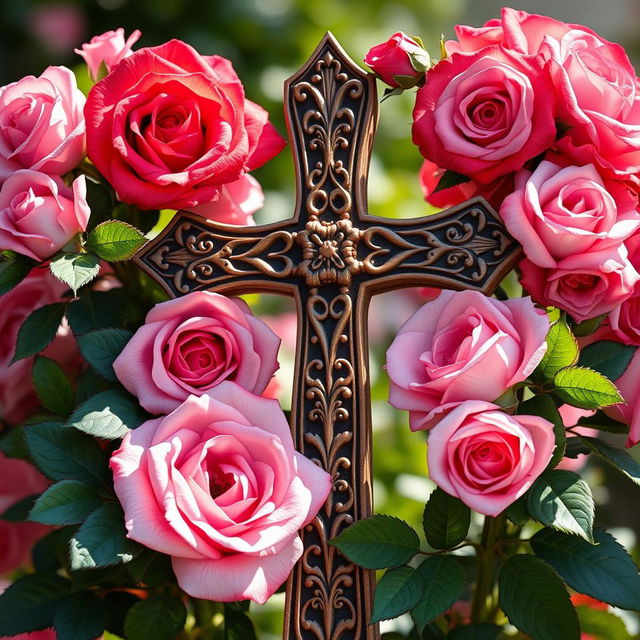 A stunning and intricate depiction of a rose cross, featuring delicate, blooming roses surrounding a detailed cross