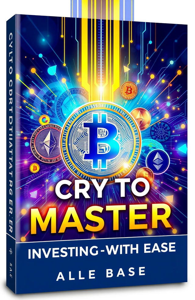 A captivating digital art cover for the book titled 'Crypto Mastery: Investing with Ease', featuring a futuristic and vibrant cryptocurrency theme