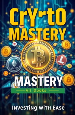 A captivating digital art cover for the book titled 'Crypto Mastery: Investing with Ease', featuring a futuristic and vibrant cryptocurrency theme