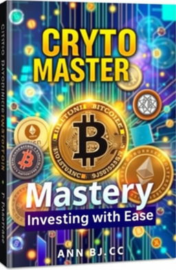 A captivating digital art cover for the book titled 'Crypto Mastery: Investing with Ease', featuring a futuristic and vibrant cryptocurrency theme