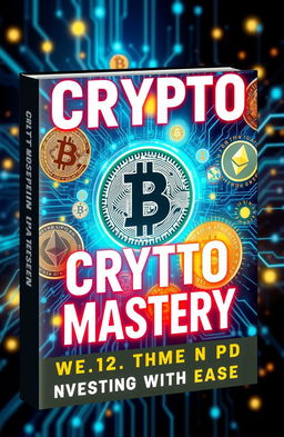 A captivating digital art cover for the book titled 'Crypto Mastery: Investing with Ease', featuring a futuristic and vibrant cryptocurrency theme