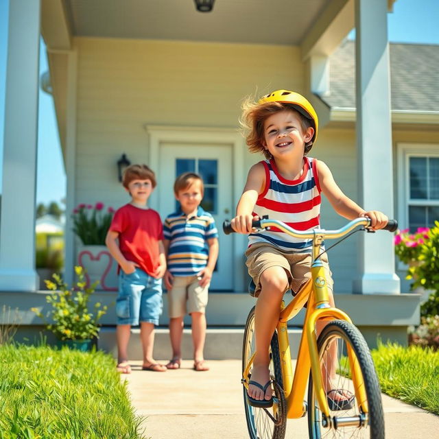 Two boys standing at their doorstep, looking curiously at another boy who is riding a shiny golden bicycle