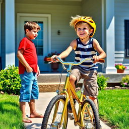 Two boys standing at their doorstep, looking curiously at another boy who is riding a shiny golden bicycle