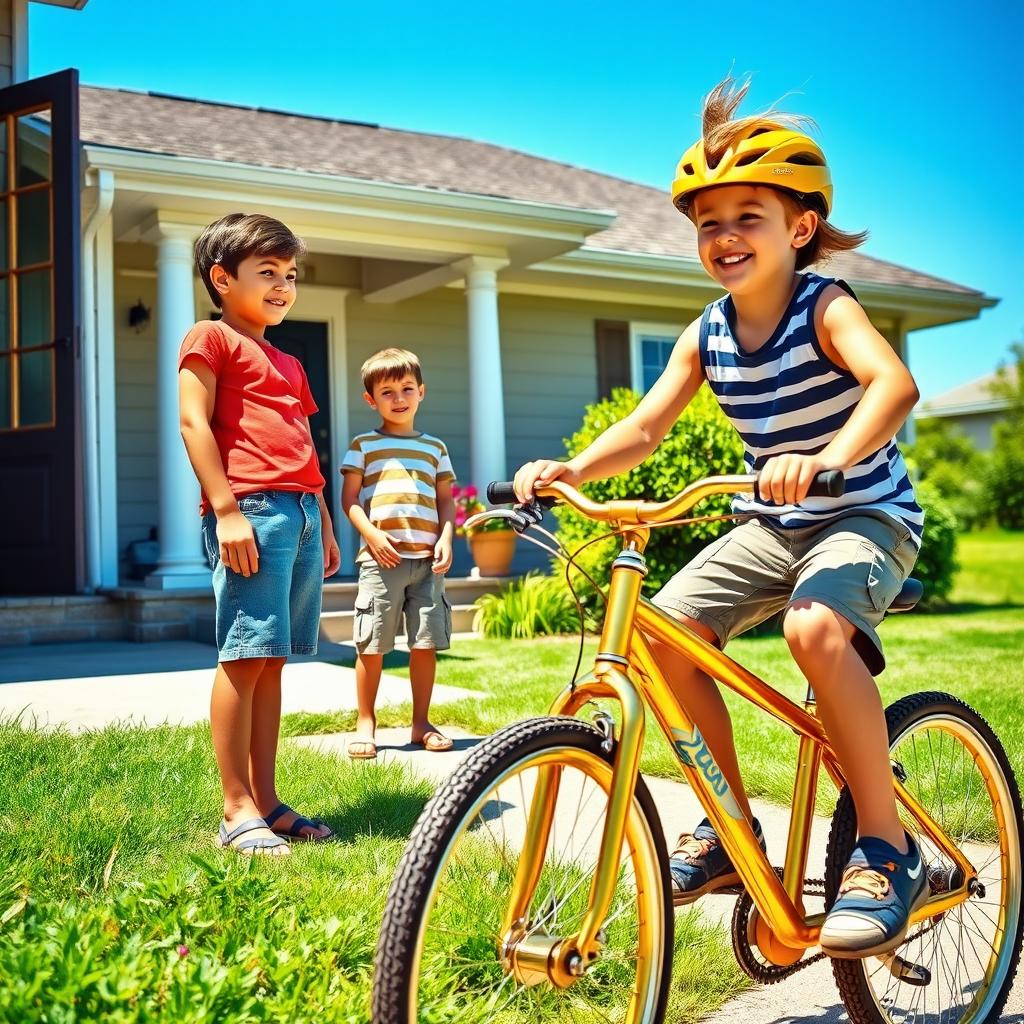 Two boys standing at their doorstep, looking curiously at another boy who is riding a shiny golden bicycle