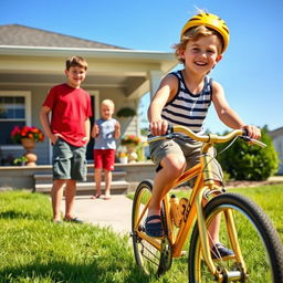 Two boys standing at their doorstep, looking curiously at another boy who is riding a shiny golden bicycle
