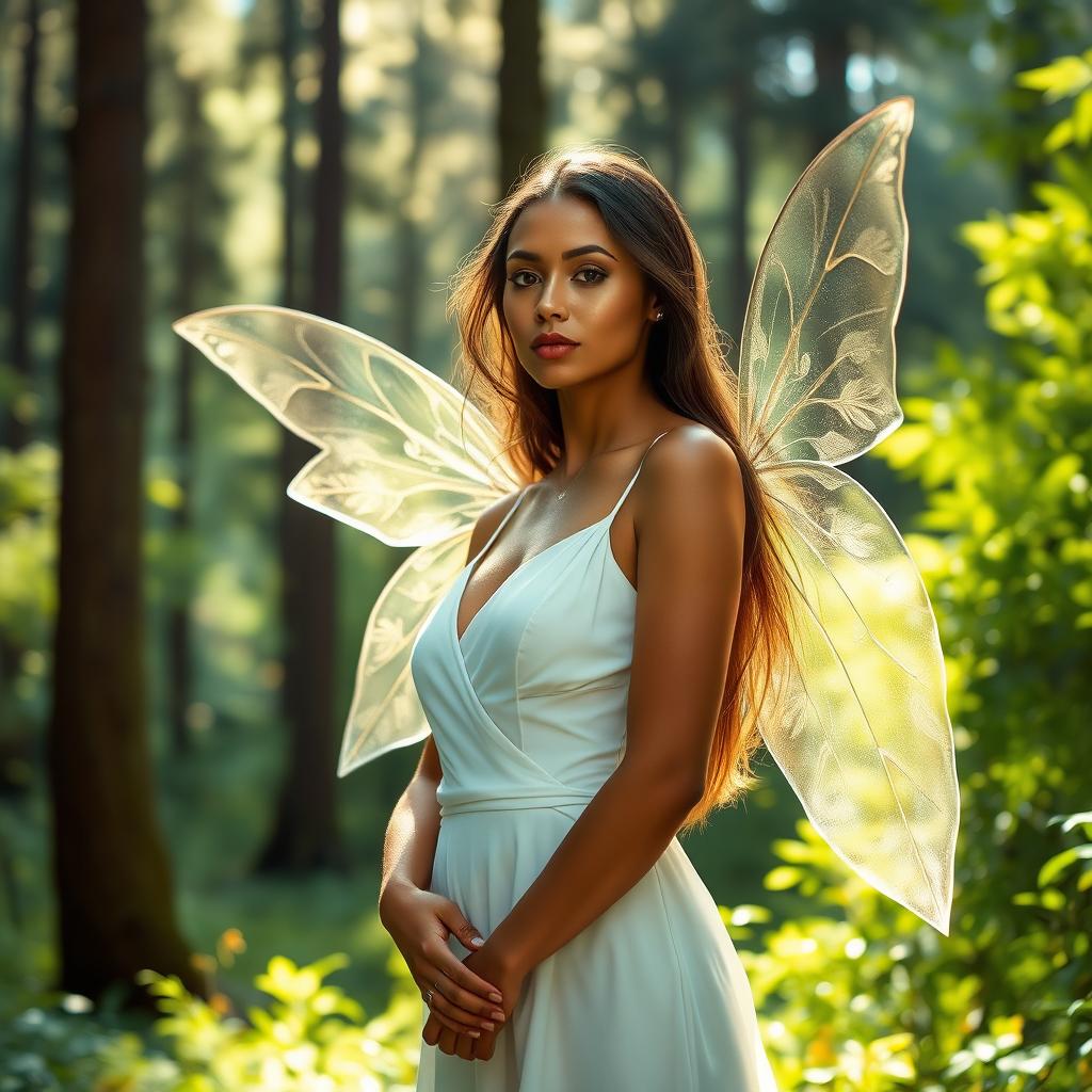 A stunning woman with tan skin wearing an elegant and simple white dress, standing gracefully in a lush green forest