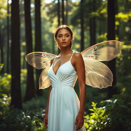 A stunning woman with tan skin wearing an elegant and simple white dress, standing gracefully in a lush green forest