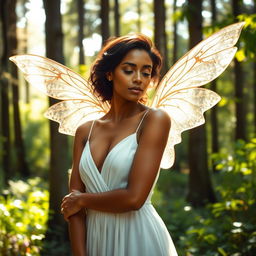 A stunning woman with tan skin wearing an elegant and simple white dress, standing gracefully in a lush green forest