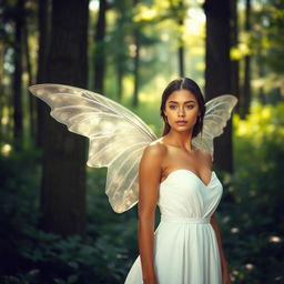 A stunning woman with tan skin wearing an elegant and simple white dress, standing gracefully in a lush green forest