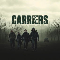 A striking teaser poster for the film 'Carriers (2009)', encapsulating the themes of survival and tension amidst a post-apocalyptic setting