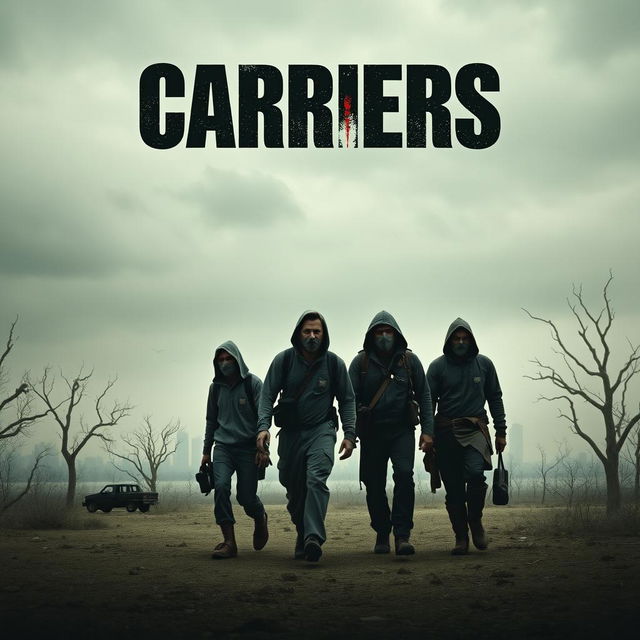 A striking teaser poster for the film 'Carriers (2009)', encapsulating the themes of survival and tension amidst a post-apocalyptic setting