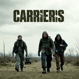 A striking teaser poster for the film 'Carriers (2009)', encapsulating the themes of survival and tension amidst a post-apocalyptic setting