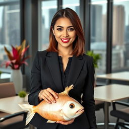 A fashionable young woman wearing stylish office attire, standing confidently in a modern office setting