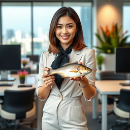 A fashionable young woman wearing stylish office attire, standing confidently in a modern office setting