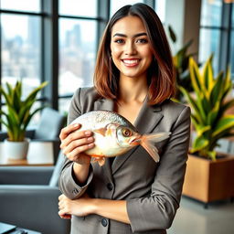 A fashionable young woman wearing stylish office attire, standing confidently in a modern office setting