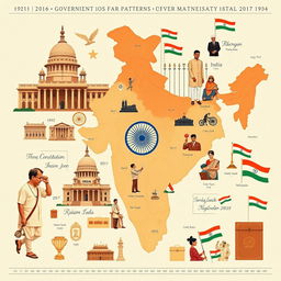A detailed illustration depicting the evolution of government patterns in India over the years, highlighting emblematic symbols of different eras such as the Constitution of India, the Parliament building, and various political leaders across different time periods