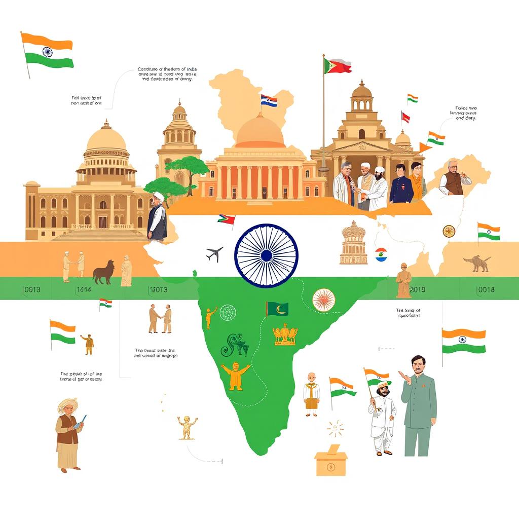 A detailed illustration depicting the evolution of government patterns in India over the years, highlighting emblematic symbols of different eras such as the Constitution of India, the Parliament building, and various political leaders across different time periods