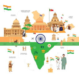 A detailed illustration depicting the evolution of government patterns in India over the years, highlighting emblematic symbols of different eras such as the Constitution of India, the Parliament building, and various political leaders across different time periods