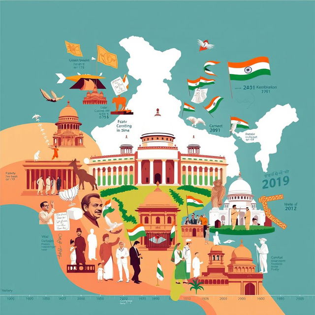 A detailed illustration depicting the evolution of government patterns in India over the years, highlighting emblematic symbols of different eras such as the Constitution of India, the Parliament building, and various political leaders across different time periods