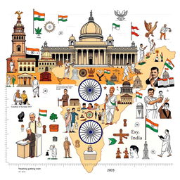 A detailed illustration depicting the evolution of government patterns in India over the years, highlighting emblematic symbols of different eras such as the Constitution of India, the Parliament building, and various political leaders across different time periods