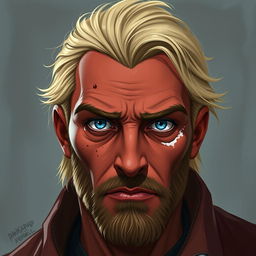 A depiction of a character inspired by the description of Safavi, a man with a striking red complexion, blonde hair, and piercing blue eyes