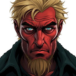 A depiction of a character inspired by the description of Safavi, a man with a striking red complexion, blonde hair, and piercing blue eyes