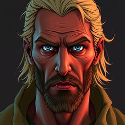 A depiction of a character inspired by the description of Safavi, a man with a striking red complexion, blonde hair, and piercing blue eyes