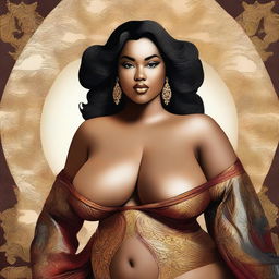 A digital art piece featuring a voluptuous woman