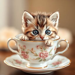 A charming and adorable kitten sitting snugly inside a delicate teacup, with soft fur and big expressive eyes