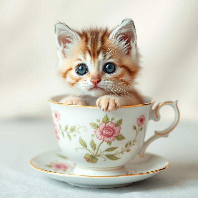 A charming and adorable kitten sitting snugly inside a delicate teacup, with soft fur and big expressive eyes