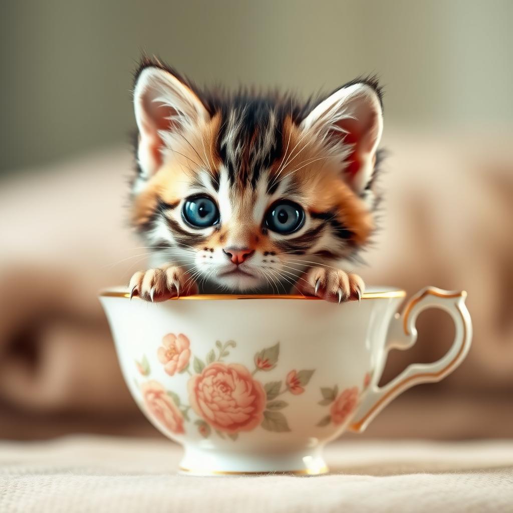 A charming and adorable kitten sitting snugly inside a delicate teacup, with soft fur and big expressive eyes