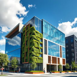 A stunning modern exterior facade of a contemporary building, featuring large glass panels reflecting the sky, sleek minimalist design with a combination of concrete and wood accents