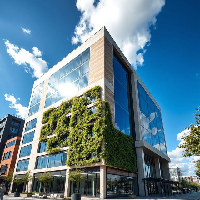 A stunning modern exterior facade of a contemporary building, featuring large glass panels reflecting the sky, sleek minimalist design with a combination of concrete and wood accents