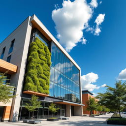 A stunning modern exterior facade of a contemporary building, featuring large glass panels reflecting the sky, sleek minimalist design with a combination of concrete and wood accents