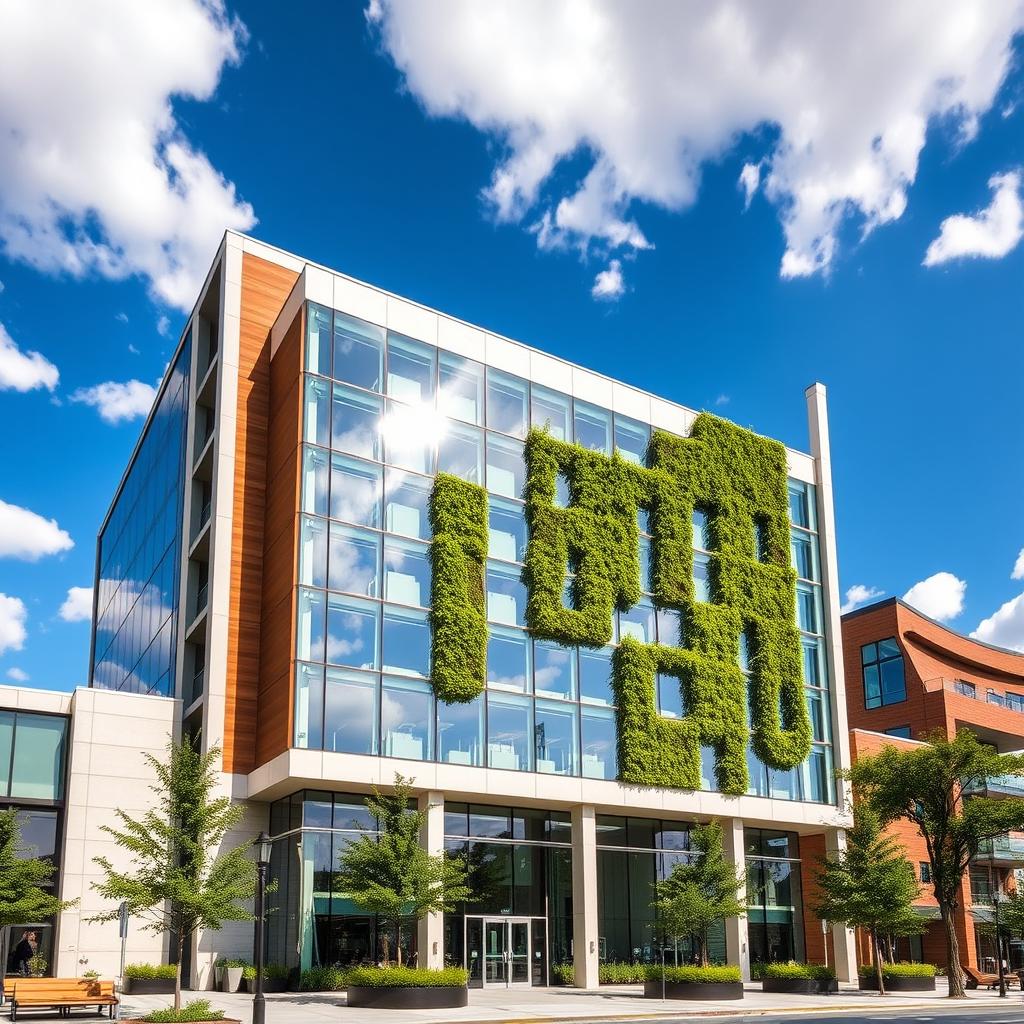 A stunning modern exterior facade of a contemporary building, featuring large glass panels reflecting the sky, sleek minimalist design with a combination of concrete and wood accents