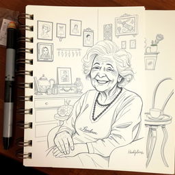 A detailed pencil sketch of a loving grandmother, sitting in a cozy living room filled with warmth and charm