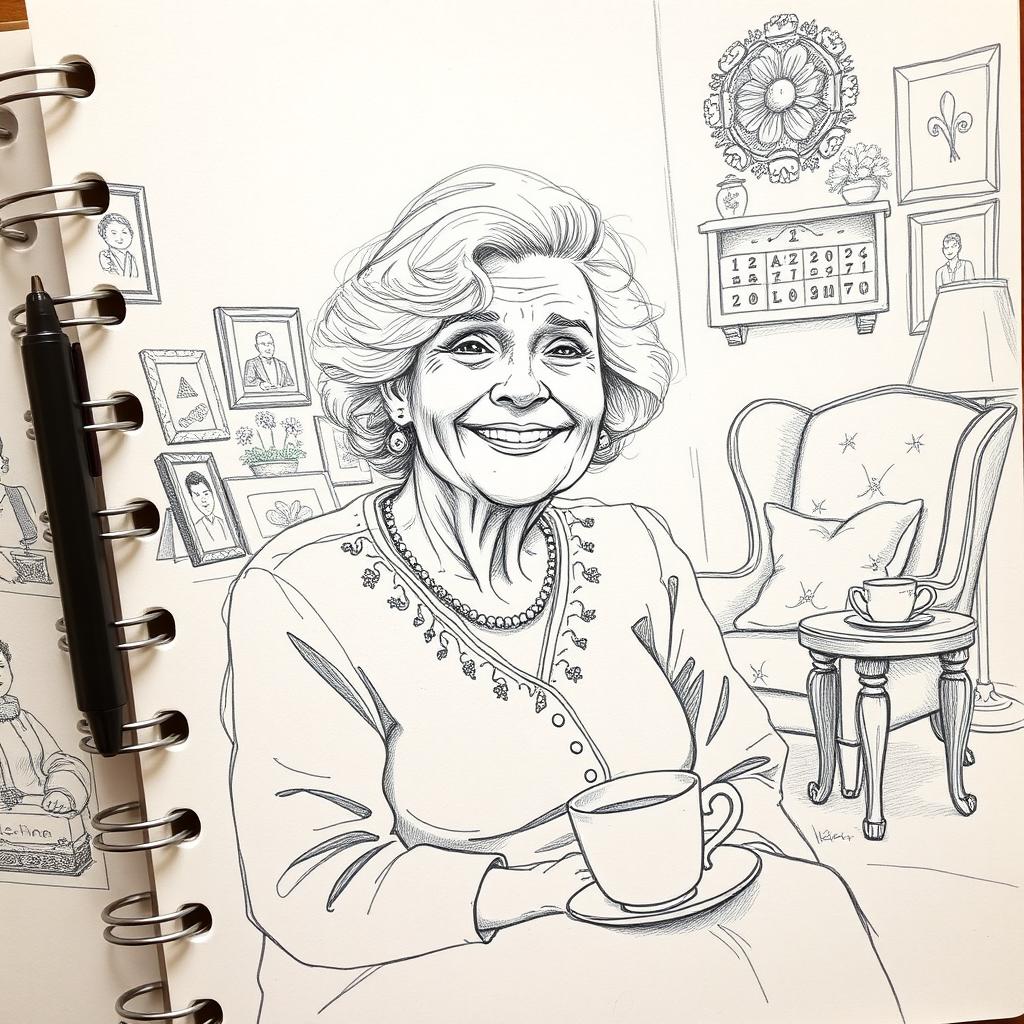 A detailed pencil sketch of a loving grandmother, sitting in a cozy living room filled with warmth and charm