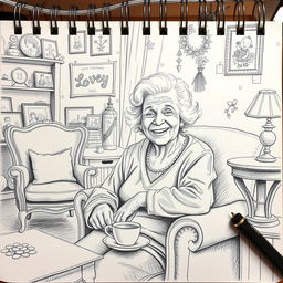 A detailed pencil sketch of a loving grandmother, sitting in a cozy living room filled with warmth and charm