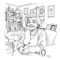 A detailed pencil sketch of a loving grandmother, sitting in a cozy living room filled with warmth and charm