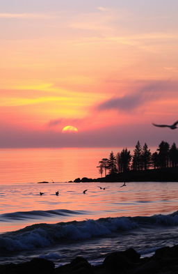 A stunning sunrise over a tranquil lake, with vibrant hues of orange, pink, and purple reflecting off the water's surface