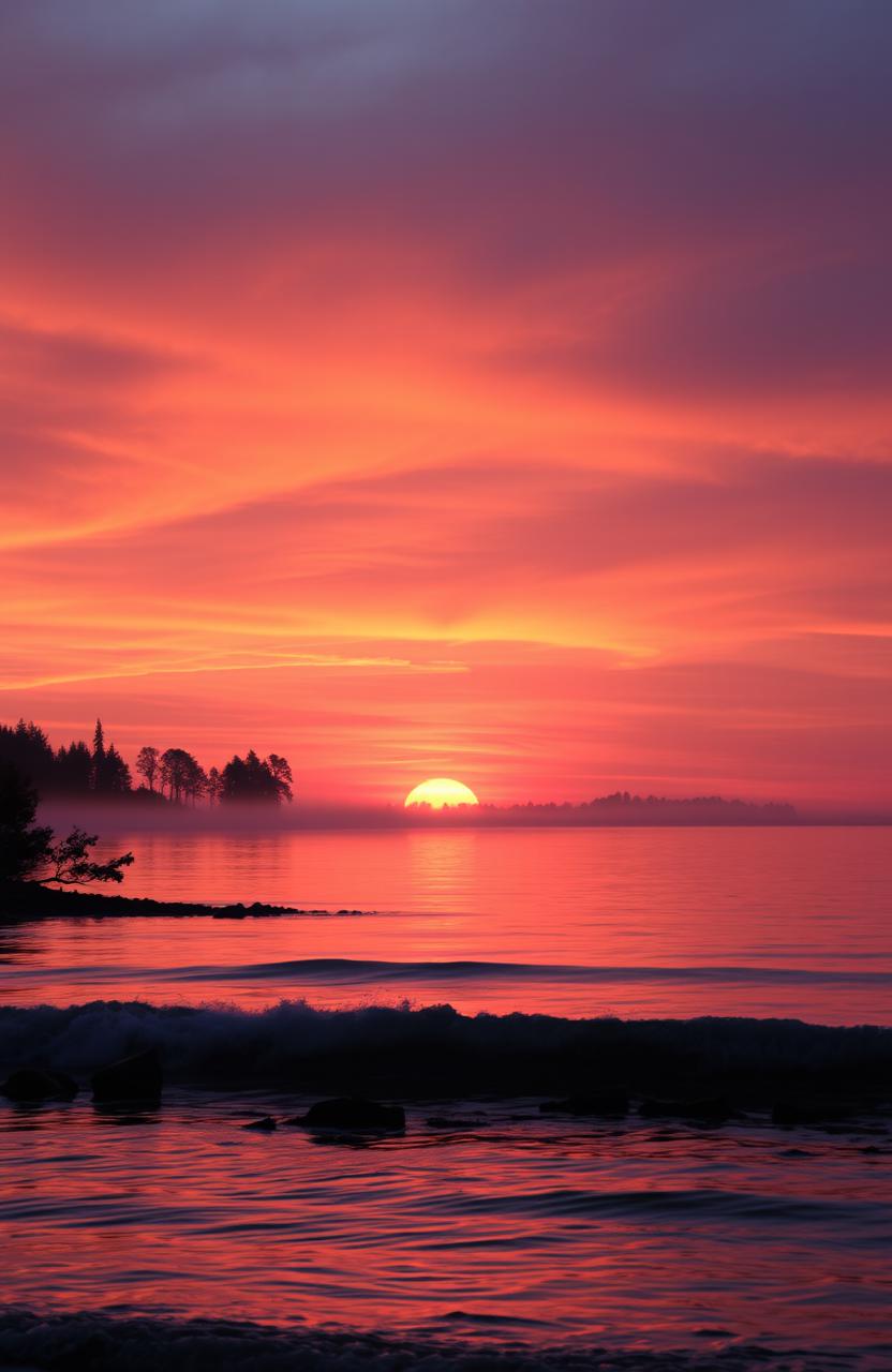 A stunning sunrise over a tranquil lake, with vibrant hues of orange, pink, and purple reflecting off the water's surface