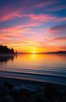 A stunning sunrise over a tranquil lake, with vibrant hues of orange, pink, and purple reflecting off the water's surface
