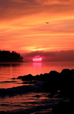 A stunning sunrise over a tranquil lake, with vibrant hues of orange, pink, and purple reflecting off the water's surface
