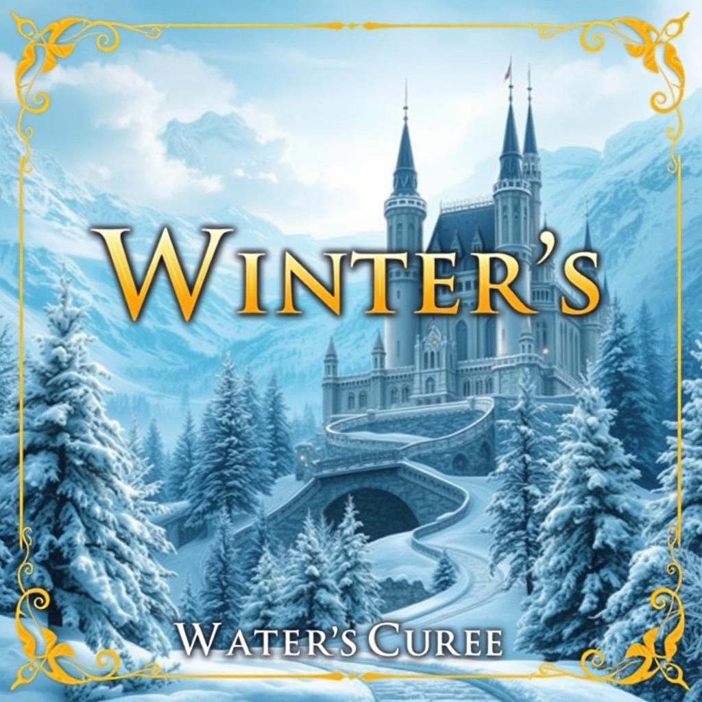 An enchanting book cover for a winter fantasy novel titled "Winter's Curse," featuring a beautiful large gold fantasy font for the title