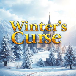 An enchanting book cover for a winter fantasy novel titled "Winter's Curse," featuring a beautiful large gold fantasy font for the title